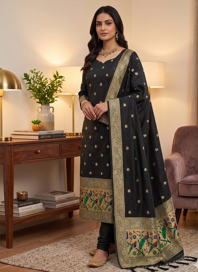 Black soft banarasi silk zari woven design dress material