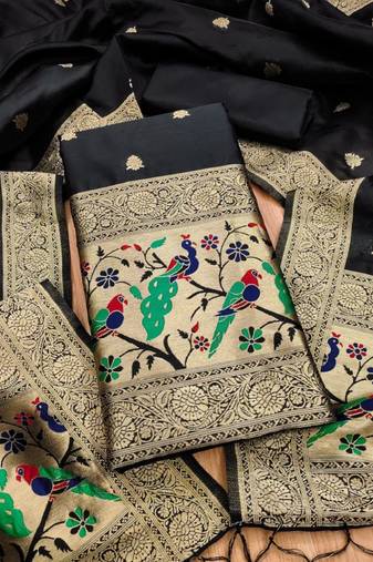 Black soft banarasi silk zari woven design dress material