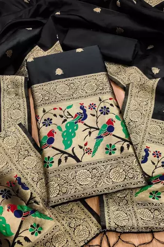 Black soft banarasi silk zari woven design dress material