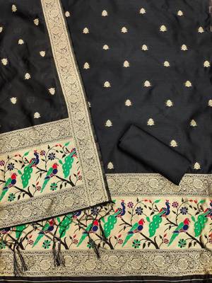 Black soft banarasi silk zari woven design dress material 4