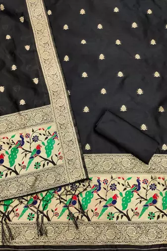 Black soft banarasi silk zari woven design dress material