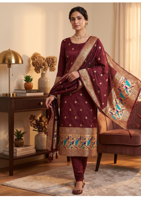 Maroon soft banarasi silk zari woven design dress material 1