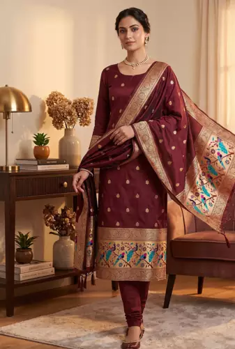 Maroon soft banarasi silk zari woven design dress material