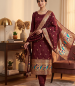 Maroon soft banarasi silk zari woven design dress material