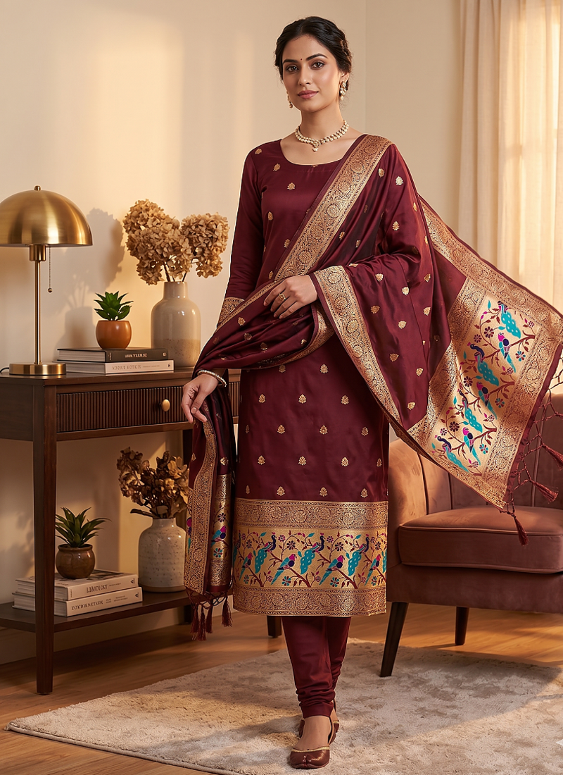 Maroon soft banarasi silk zari woven design dress material
