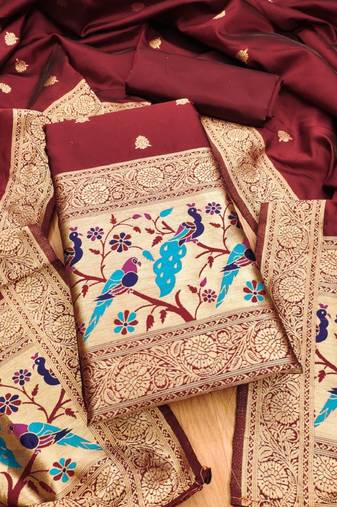 Maroon soft banarasi silk zari woven design dress material