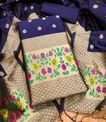 Blue soft banarasi silk zari woven design dress material