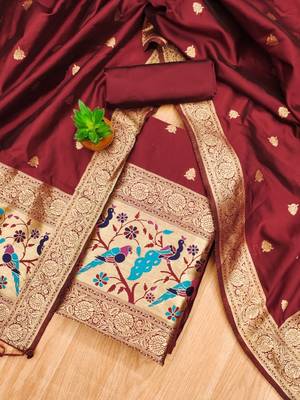 Maroon soft banarasi silk zari woven design dress material 2
