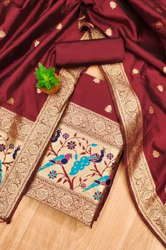 Maroon soft banarasi silk zari woven design dress material