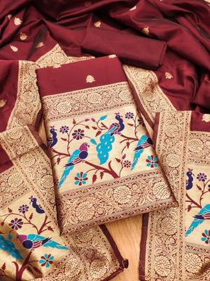 Maroon soft banarasi silk zari woven design dress material 3