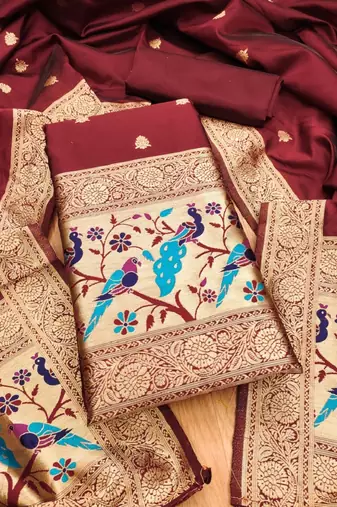 Maroon soft banarasi silk zari woven design dress material