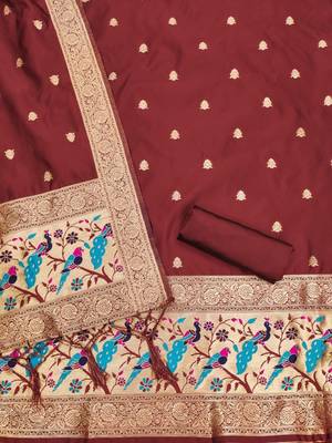 Maroon soft banarasi silk zari woven design dress material 4