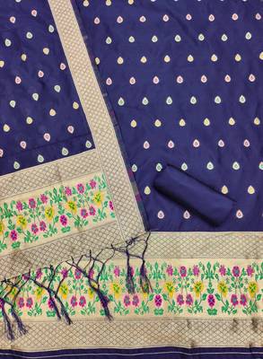 Blue soft banarasi silk zari woven design dress material 3