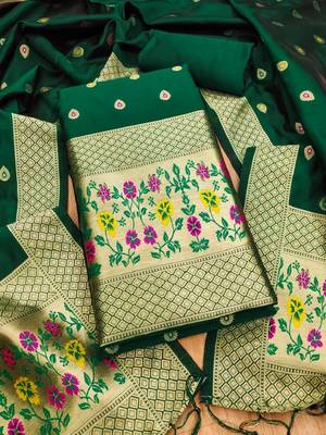 Green soft banarasi silk zari woven design dress material 1