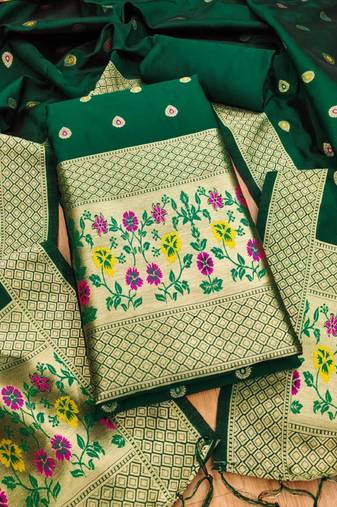Green soft banarasi silk zari woven design dress material