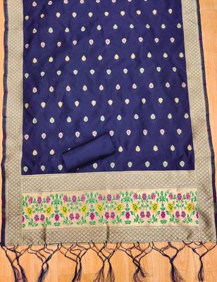 Blue soft banarasi silk zari woven design dress material 4