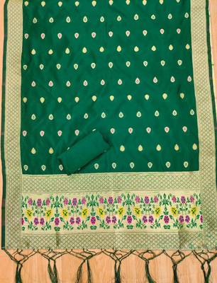 Green soft banarasi silk zari woven design dress material 4