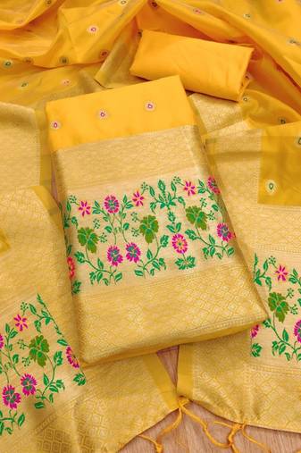 Yellow soft banarasi silk zari woven design dress material