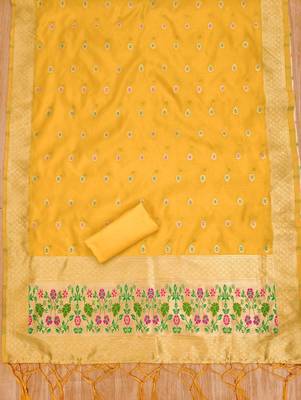 Yellow soft banarasi silk zari woven design dress material 4