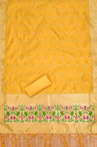 Yellow soft banarasi silk zari woven design dress material