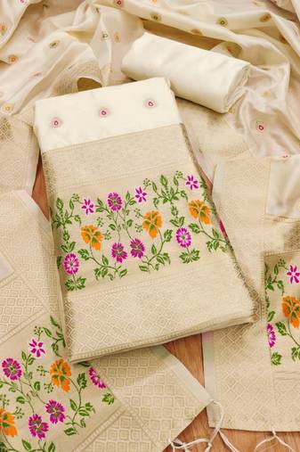 White soft banarasi silk zari woven design dress material