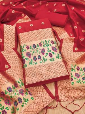 Red soft banarasi silk zari woven design dress material 1