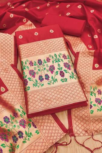 Red soft banarasi silk zari woven design dress material
