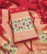 Red soft banarasi silk zari woven design dress material