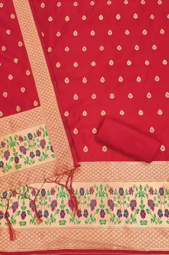 Red soft banarasi silk zari woven design dress material