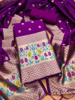 Purple soft banarasi silk zari woven design dress material 1