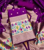 Purple soft banarasi silk zari woven design dress material