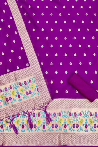 Purple soft banarasi silk zari woven design dress material