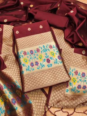 Maroon soft banarasi silk zari woven design dress material 1