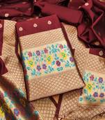 Maroon soft banarasi silk zari woven design dress material