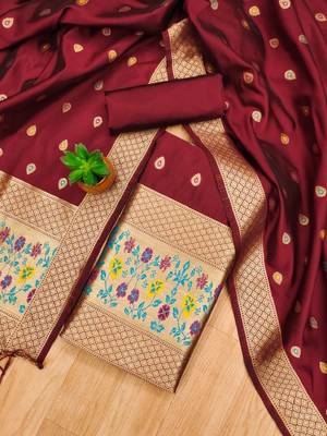 Maroon soft banarasi silk zari woven design dress material 2