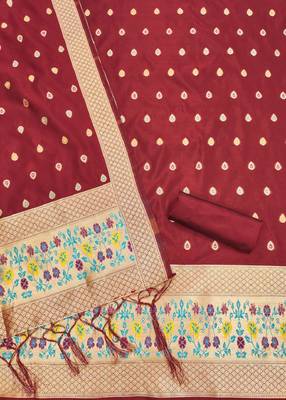 Maroon soft banarasi silk zari woven design dress material 3