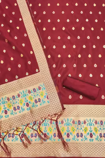 Maroon soft banarasi silk zari woven design dress material