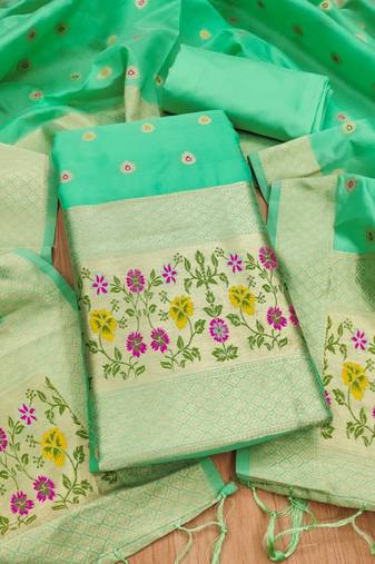 Seagreen soft banarasi silk zari woven design dress material