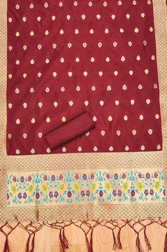 Maroon soft banarasi silk zari woven design dress material