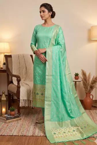 Seagreen soft banarasi silk zari woven design dress material