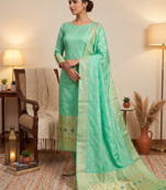 Seagreen soft banarasi silk zari woven design dress material