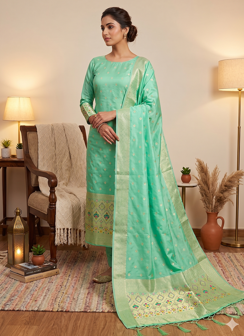 Seagreen soft banarasi silk zari woven design dress material