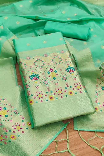 Seagreen soft banarasi silk zari woven design dress material