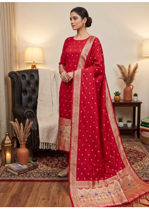 Red soft banarasi silk zari woven design dress material 1