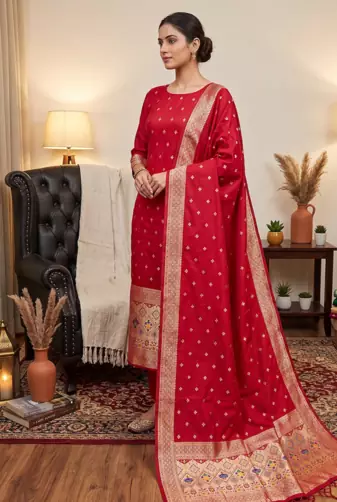 Red soft banarasi silk zari woven design dress material