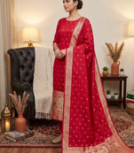 Red soft banarasi silk zari woven design dress material