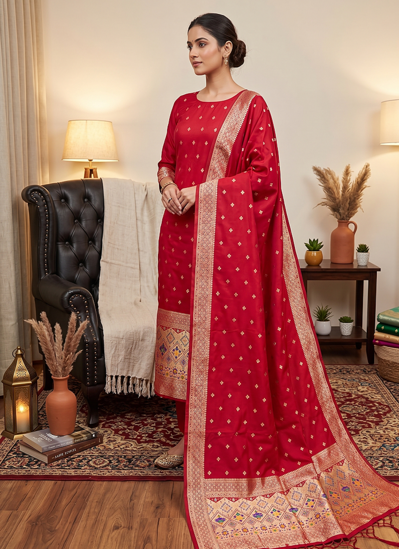 Red soft banarasi silk zari woven design dress material