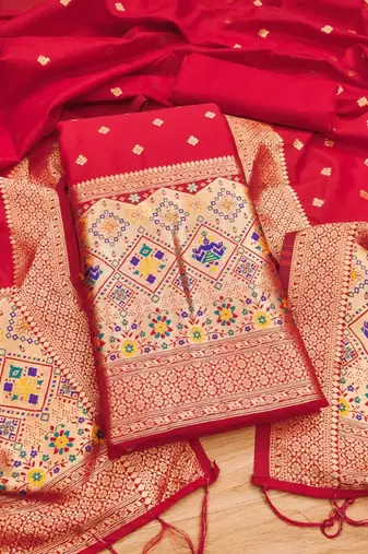 Red soft banarasi silk zari woven design dress material