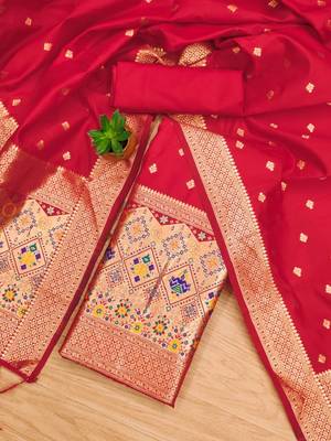 Red soft banarasi silk zari woven design dress material 3