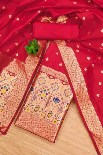 Red soft banarasi silk zari woven design dress material